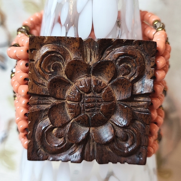 Wood Clasp Seed Beaded Blue Turquoise Cream Twisted Stretch Vintage Bracelet MCM - Picture 16 of 16